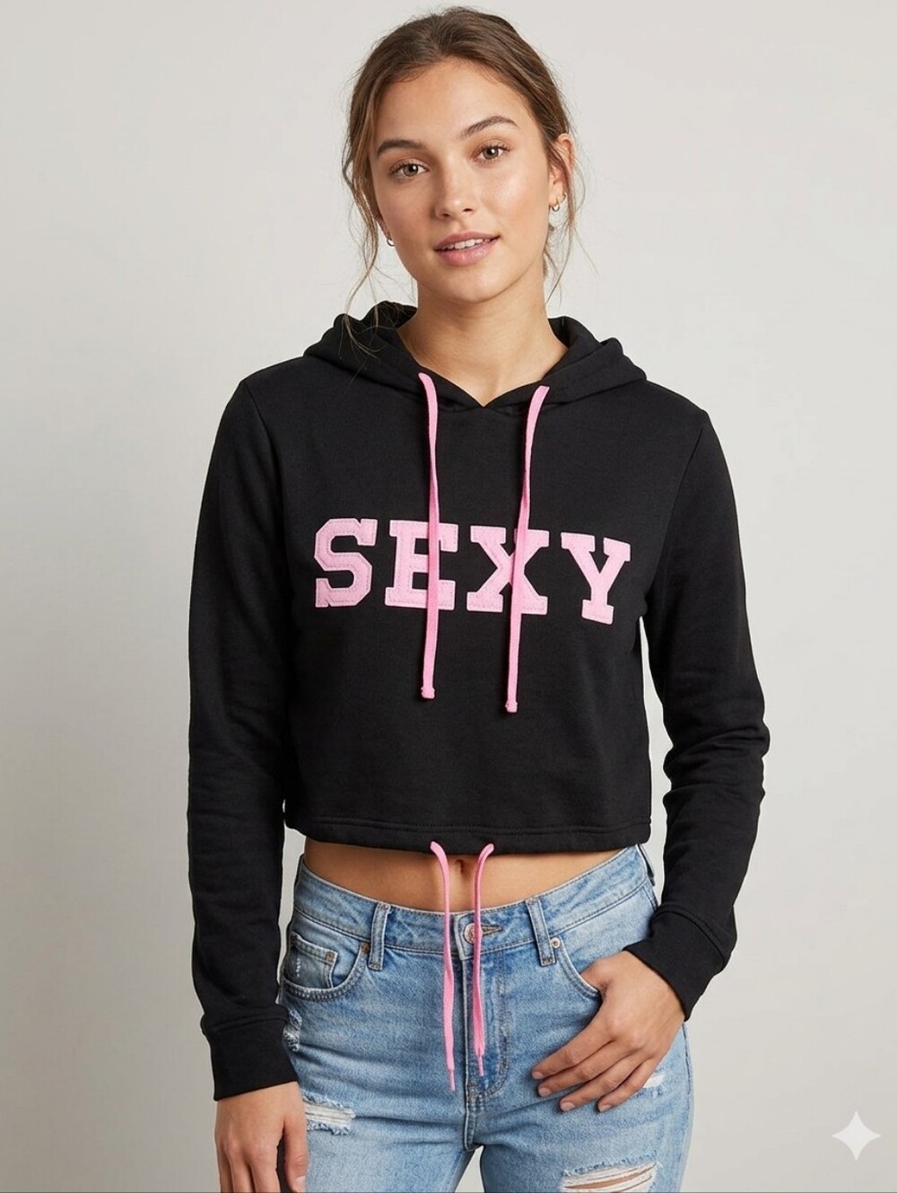 Cropped Black Varsity Hoodie with Pink 'SEXY' Lettering Size Small New